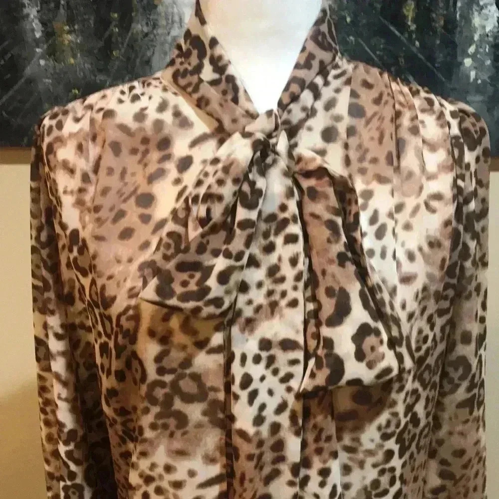 EVA MENDES Sheer Animal Long Sleeved Tie Neck Button Down Blouse-Size M - Picture 5 of 9